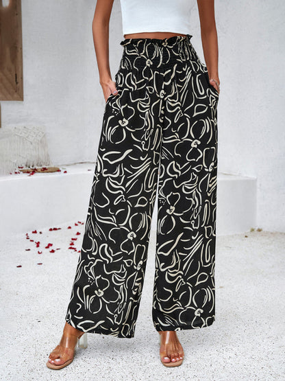 Pants- Smocked High Rise Tropical Trousers - Wide Leg Pants- - Pekosa Women Clothing