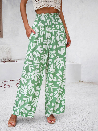 Pants- Smocked High Rise Tropical Trousers - Wide Leg Pants- - Pekosa Women Clothing