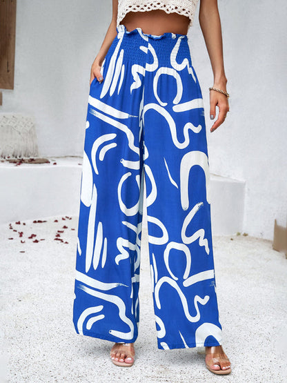 Pants- Smocked High Rise Tropical Trousers - Wide Leg Pants- - Pekosa Women Clothing