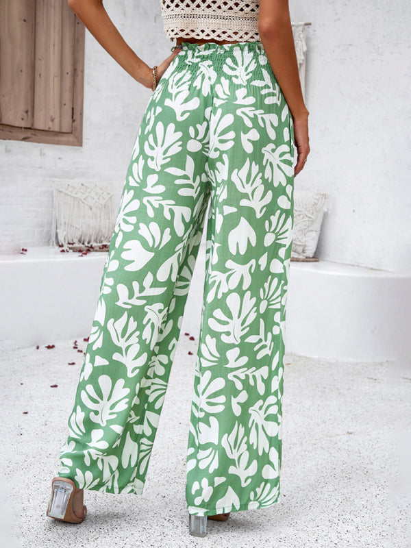 Pants- Smocked High Rise Tropical Trousers - Wide Leg Pants- - Pekosa Women Clothing