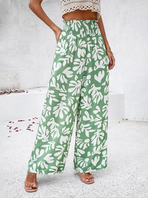 Pants- Smocked High Rise Tropical Trousers - Wide Leg Pants- - Pekosa Women Clothing