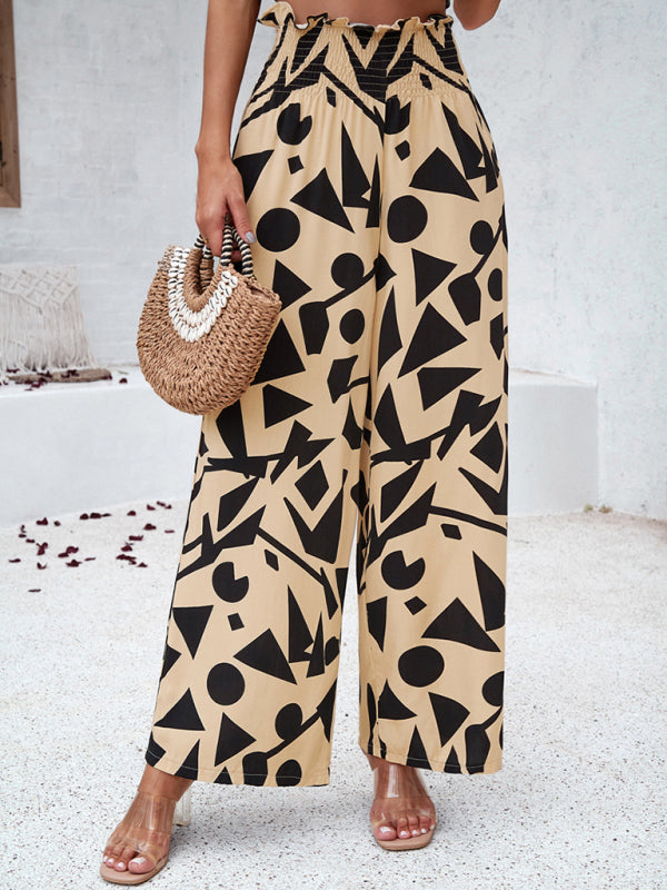 Pants- Smocked High Rise Tropical Trousers - Wide Leg Pants- - Pekosa Women Clothing