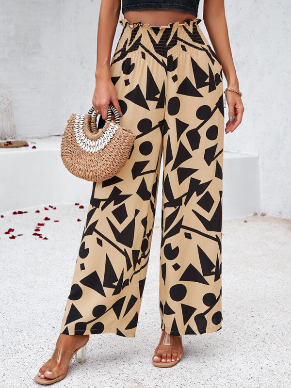 Pants- Smocked High Rise Tropical Trousers - Wide Leg Pants- - Pekosa Women Clothing