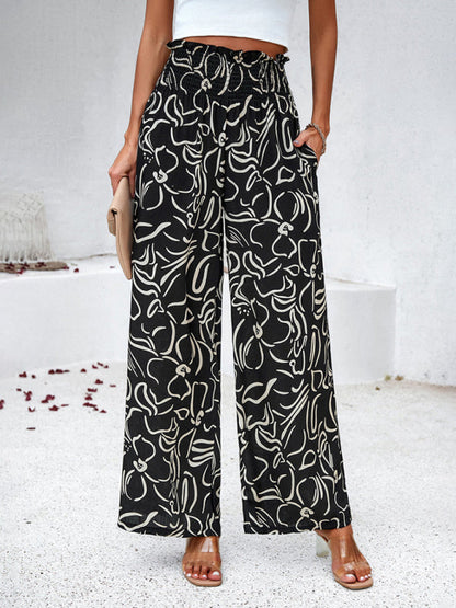 Pants- Smocked High Rise Tropical Trousers - Wide Leg Pants- - Pekosa Women Clothing