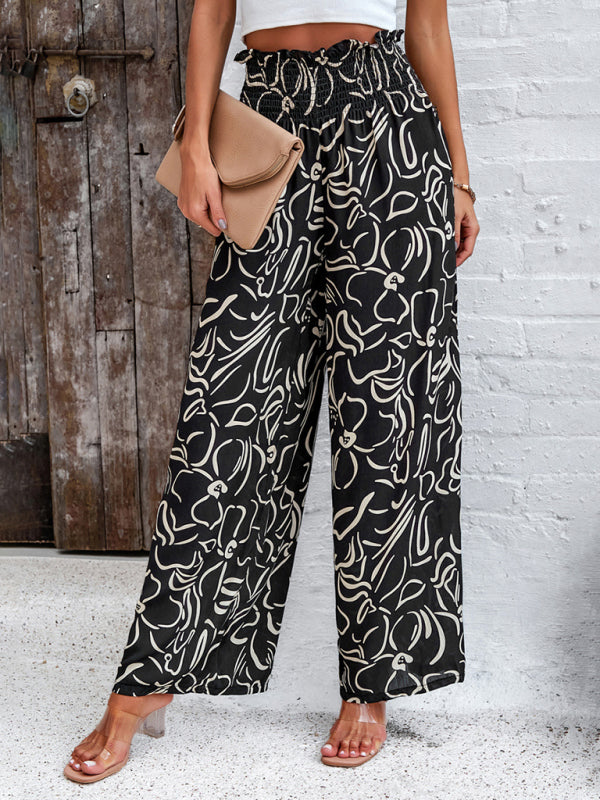 Pants- Smocked High Rise Tropical Trousers - Wide Leg Pants- Black- Pekosa Women Clothing