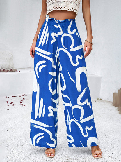 Pants- Smocked High Rise Tropical Trousers - Wide Leg Pants- Champlain color- Pekosa Women Clothing