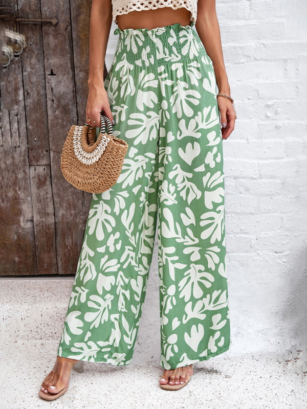 Pants- Smocked High Rise Tropical Trousers - Wide Leg Pants- Green- Pekosa Women Clothing