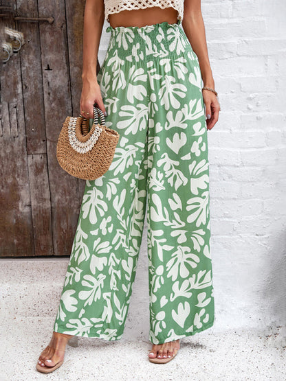 Pants- Smocked High Rise Tropical Trousers - Wide Leg Pants- Green- Pekosa Women Clothing