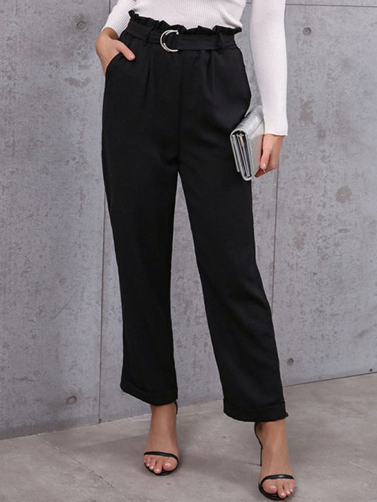 Pants- Solid Elastic Waist Belted Straight-Leg Pants- Black- Pekosa Women Clothing