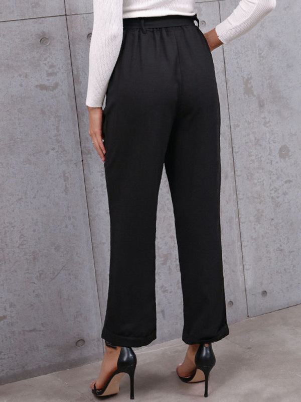 Pants- Solid Elastic Waist Belted Straight-Leg Pants- - Pekosa Women Clothing