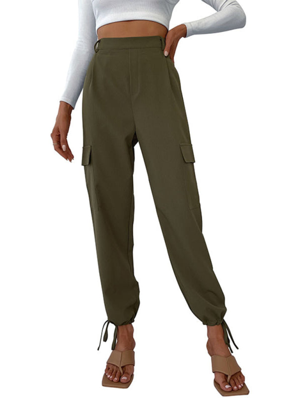 Pants- Solid High-Rise Ankle-Tie Pencil Cargo Pants- - Pekosa Women Clothing