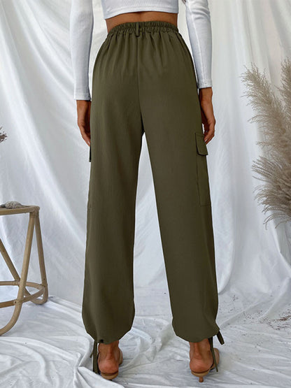 Pants- Solid High-Rise Ankle-Tie Pencil Cargo Pants- - Pekosa Women Clothing