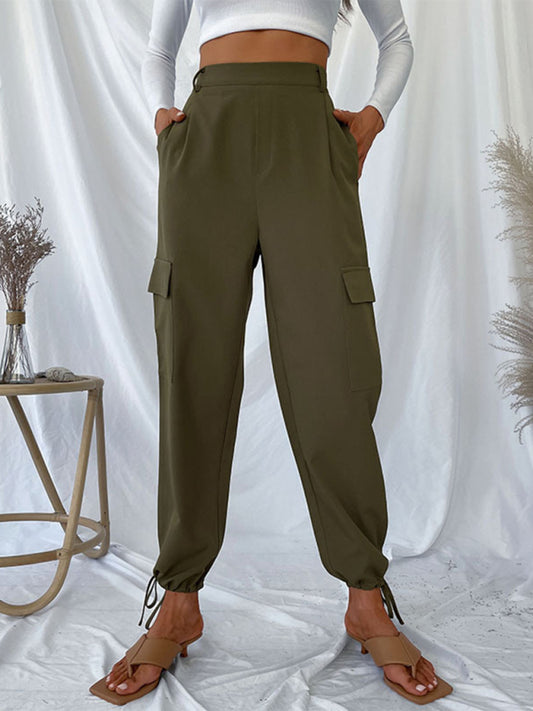 Pants- Solid High-Rise Ankle-Tie Pencil Cargo Pants- Olive green- Pekosa Women Clothing