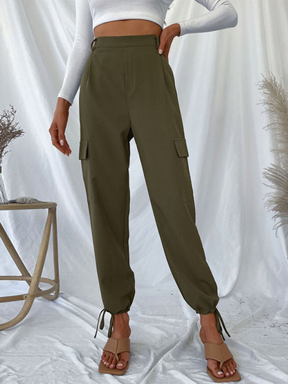 Pants- Solid High-Rise Ankle-Tie Pencil Cargo Pants- - Pekosa Women Clothing