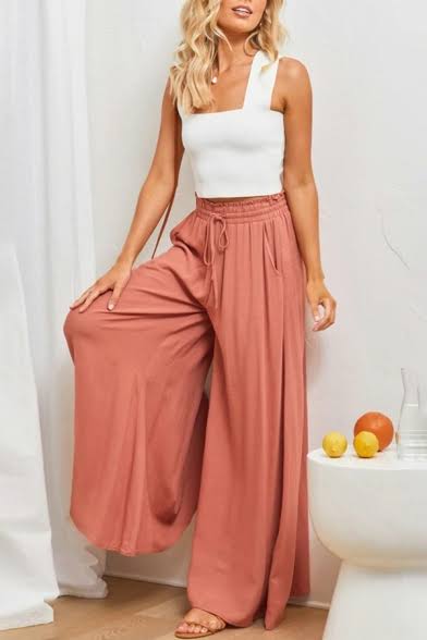 Pants- Solid Smocked Waist Wide-Leg Pants- - Pekosa Women Clothing