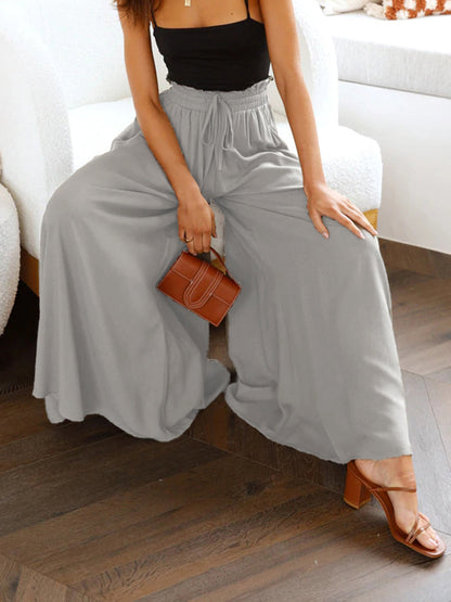 Pants- Solid Smocked Waist Wide-Leg Pants- Gray- Pekosa Women Clothing