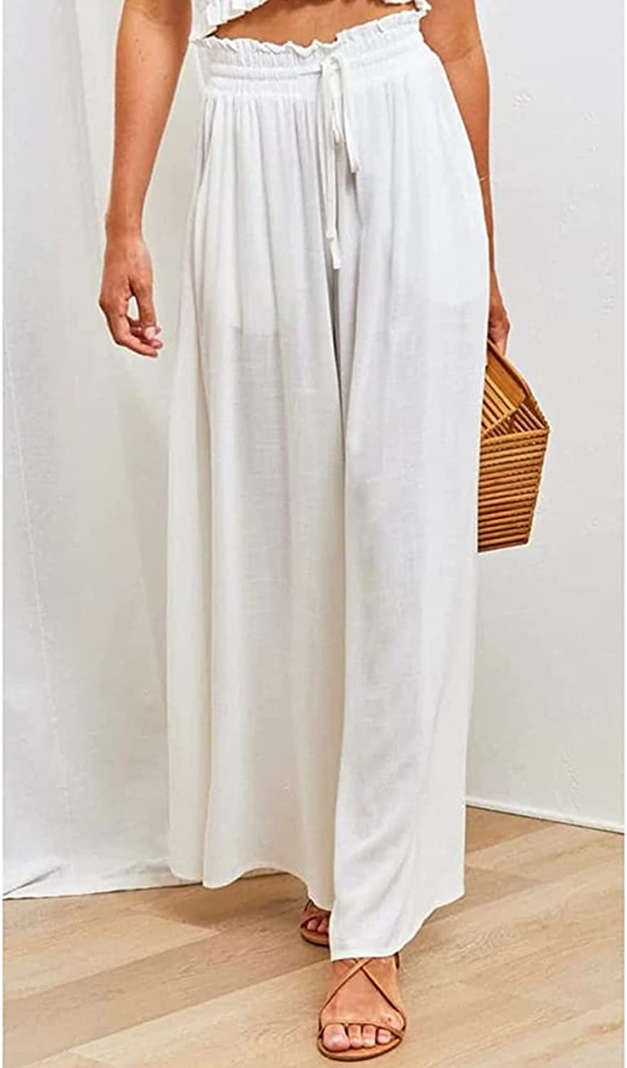 Pants- Solid Smocked Waist Wide-Leg Pants- - Pekosa Women Clothing