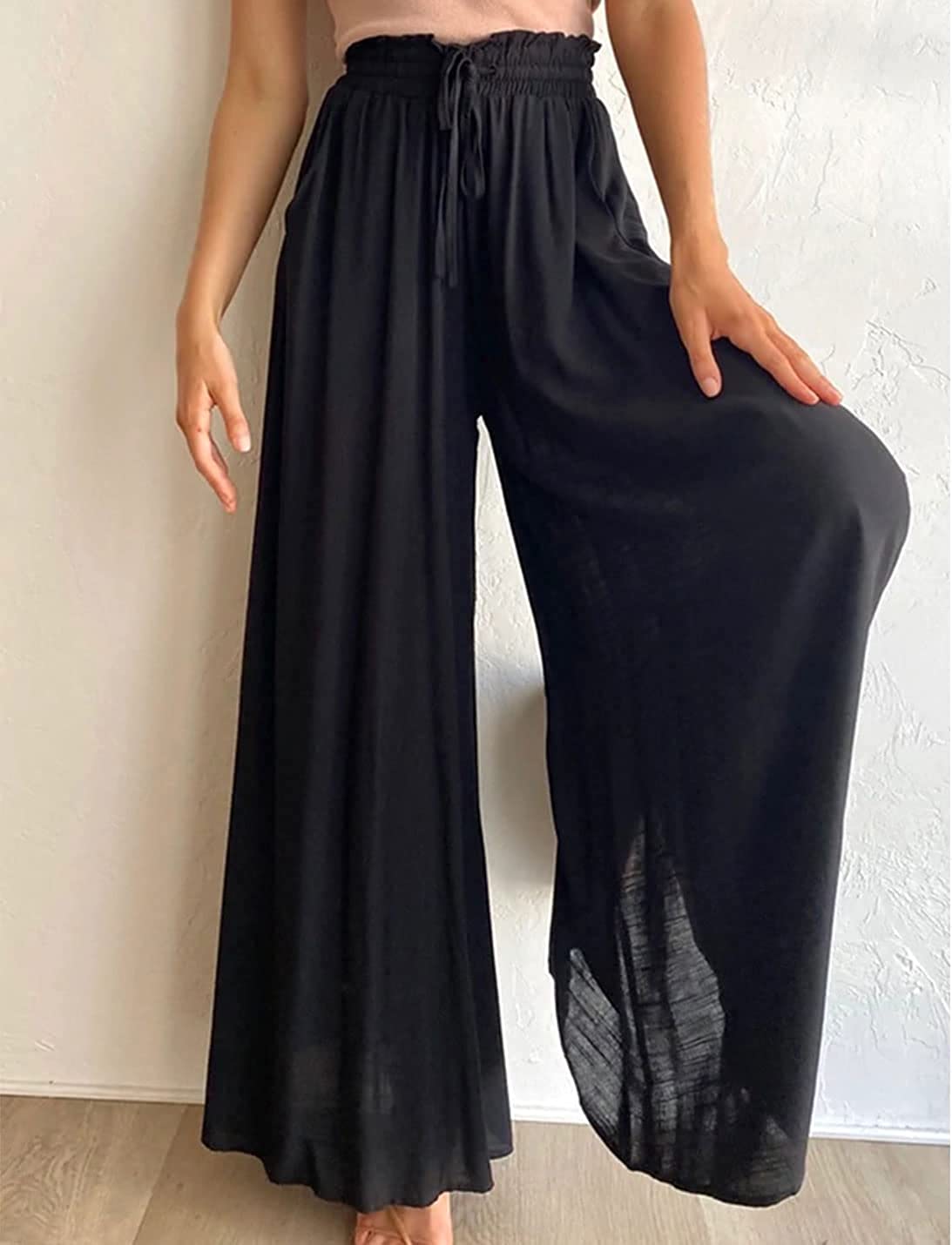 Pants- Solid Smocked Waist Wide-Leg Pants- - Pekosa Women Clothing