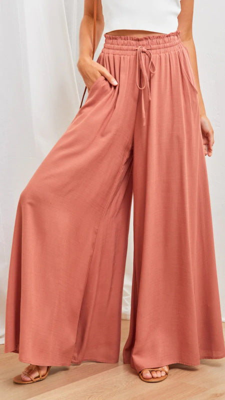 Pants- Solid Smocked Waist Wide-Leg Pants- Pink- Pekosa Women Clothing