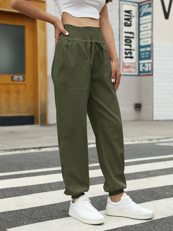 Pants- Sporty Elastic High Waist Casual Pants - Joggers- Olive green- Pekosa Women Clothing