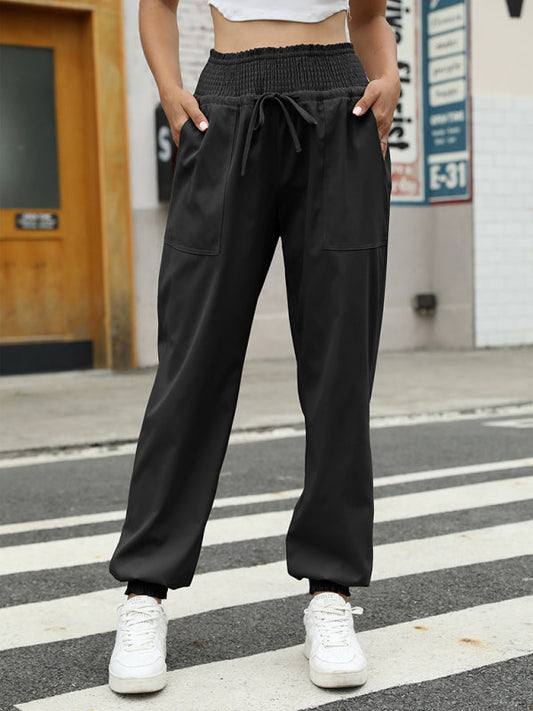 Pants- Sporty Elastic High Waist Casual Pants - Joggers- Black- Pekosa Women Clothing