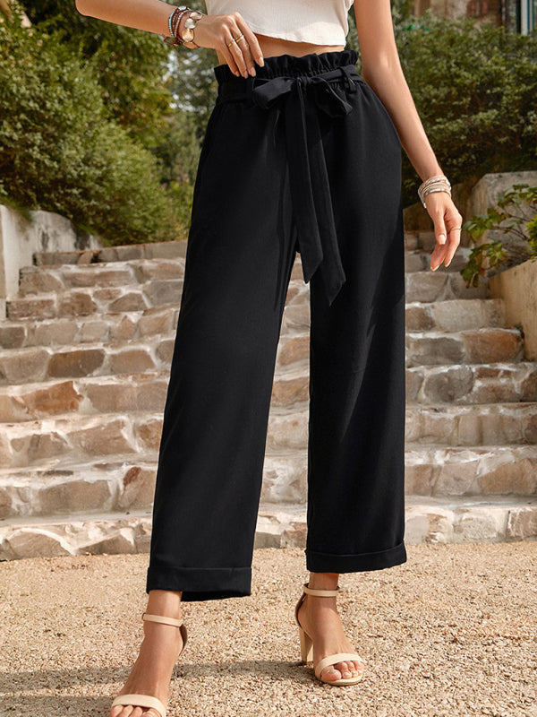 Pants- Straight-Leg Trousers with High Waist and Waist-Tie Belt - Pants- - Pekosa Women Clothing