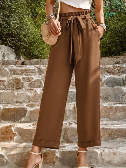 Pants- Straight-Leg Trousers with High Waist and Waist-Tie Belt - Pants- Brown- Pekosa Women Clothing