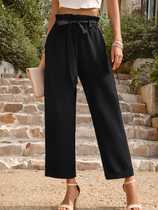 Pants- Straight-Leg Trousers with High Waist and Waist-Tie Belt - Pants- - Pekosa Women Clothing