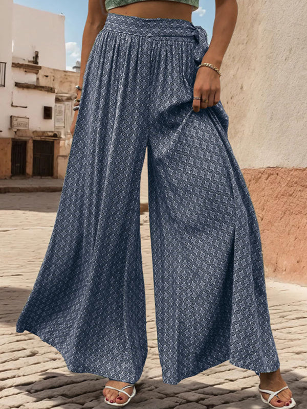 Pants- Tribal Print Flowy Pants with Tie Waist - Wide-Leg Trousers- - Pekosa Women Fashion