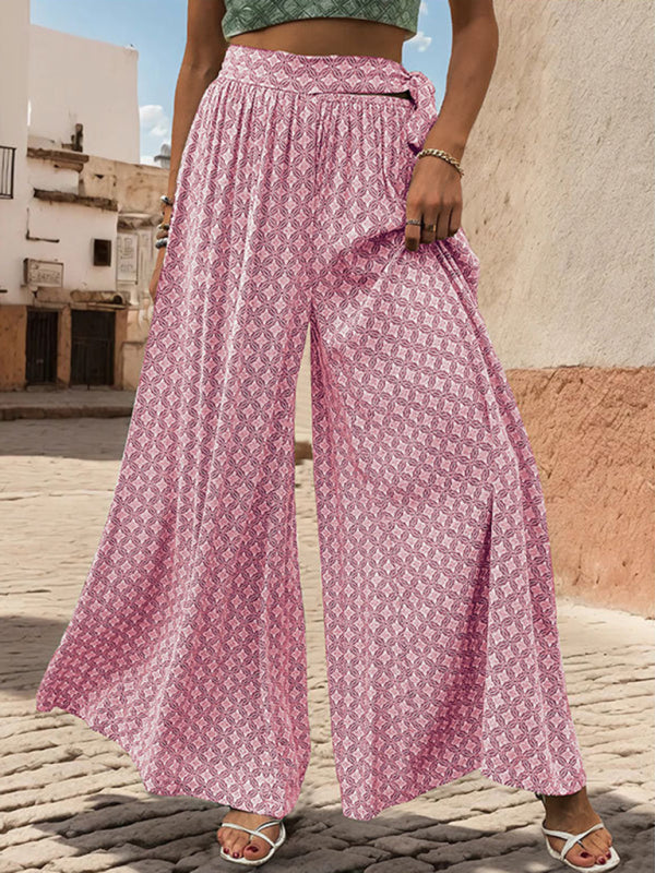 Pants- Tribal Print Flowy Pants with Tie Waist - Wide-Leg Trousers- - Pekosa Women Fashion