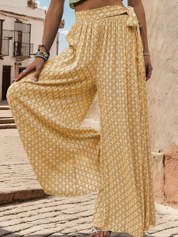 Pants- Tribal Print Flowy Pants with Tie Waist - Wide-Leg Trousers- Yellow- Pekosa Women Fashion