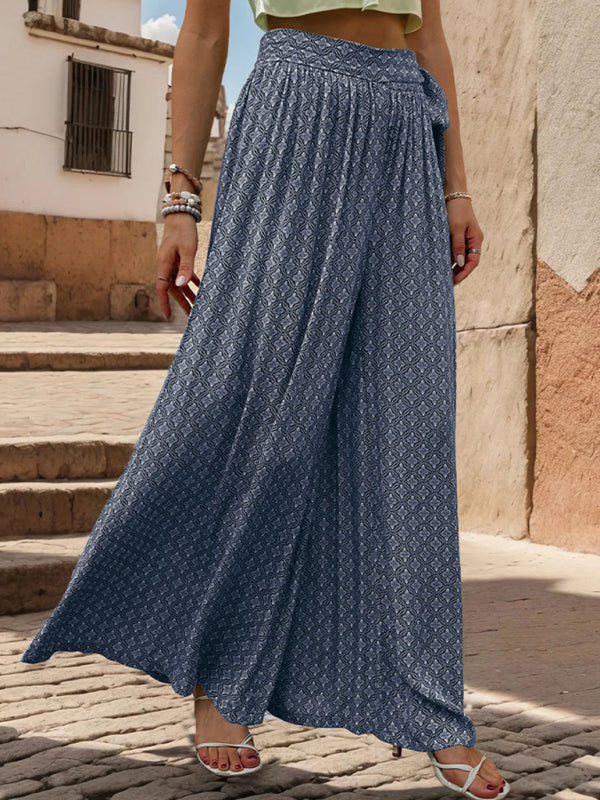 Pants- Tribal Print Flowy Pants with Tie Waist - Wide-Leg Trousers- - Pekosa Women Fashion