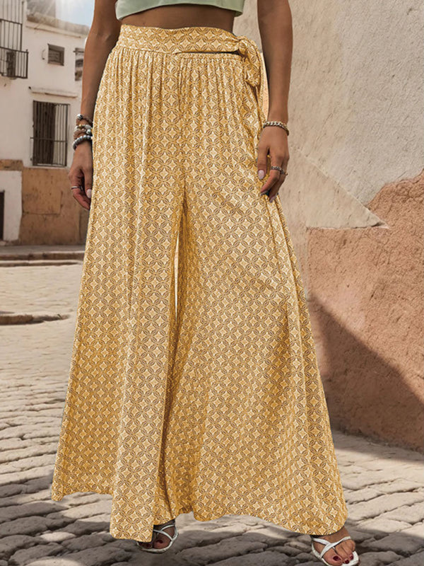 Pants- Tribal Print Flowy Pants with Tie Waist - Wide-Leg Trousers- - Pekosa Women Fashion