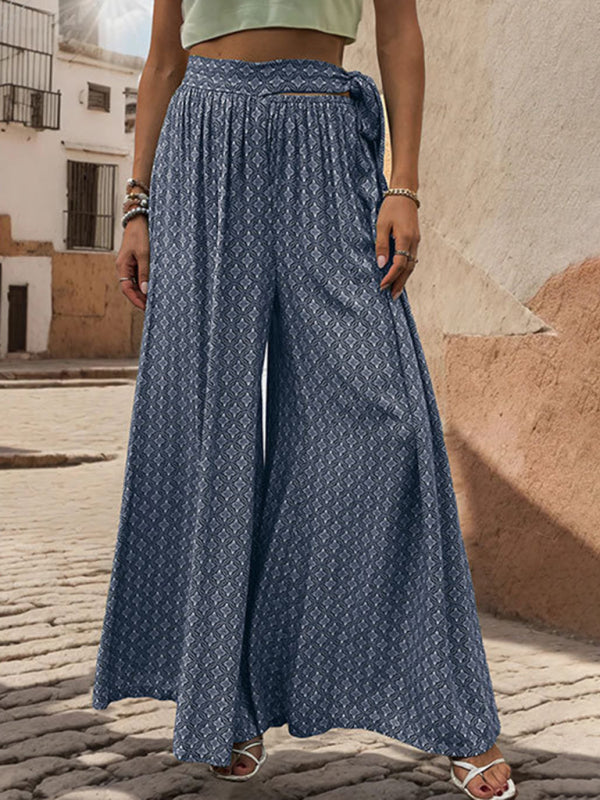 Pants- Tribal Print Flowy Pants with Tie Waist - Wide-Leg Trousers- - Pekosa Women Fashion