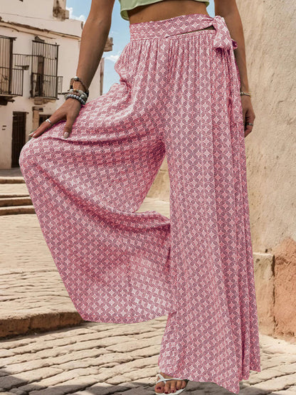 Pants- Tribal Print Flowy Pants with Tie Waist - Wide-Leg Trousers- Pink- Pekosa Women Fashion