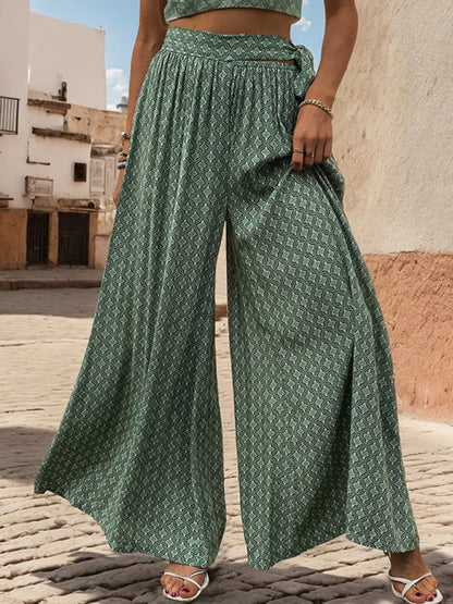 Pants- Tribal Print Flowy Pants with Tie Waist - Wide-Leg Trousers- - Pekosa Women Fashion