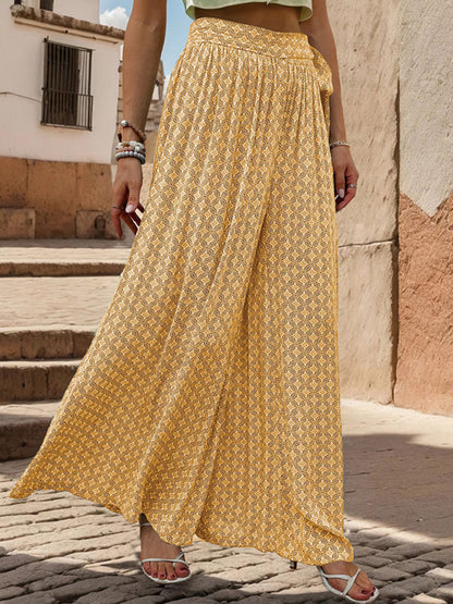 Pants- Tribal Print Flowy Pants with Tie Waist - Wide-Leg Trousers- - Pekosa Women Fashion