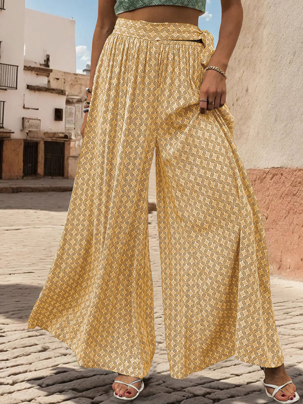 Pants- Tribal Print Flowy Pants with Tie Waist - Wide-Leg Trousers- - Pekosa Women Fashion