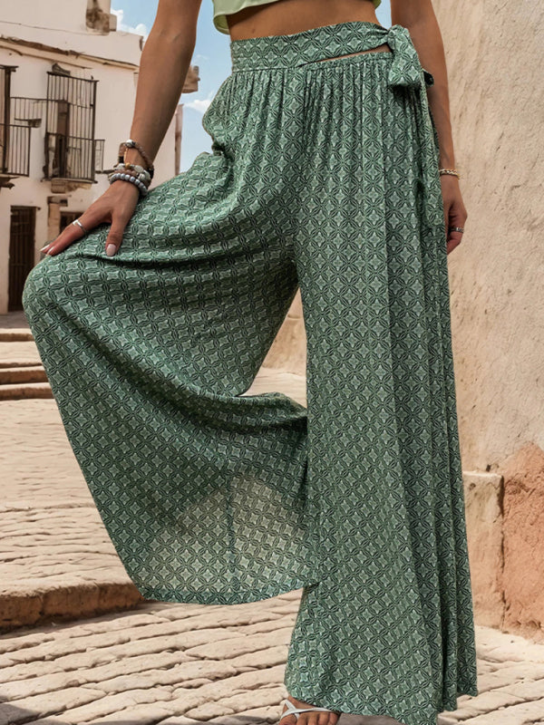 Pants- Tribal Print Flowy Pants with Tie Waist - Wide-Leg Trousers- Green- Pekosa Women Fashion