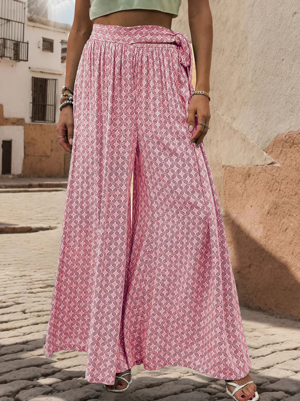 Pants- Tribal Print Flowy Pants with Tie Waist - Wide-Leg Trousers- - Pekosa Women Fashion