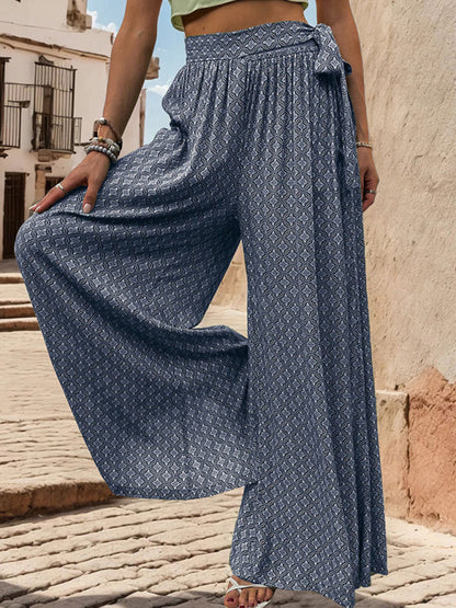 Pants- Tribal Print Flowy Pants with Tie Waist - Wide-Leg Trousers- Champlain color- Pekosa Women Fashion