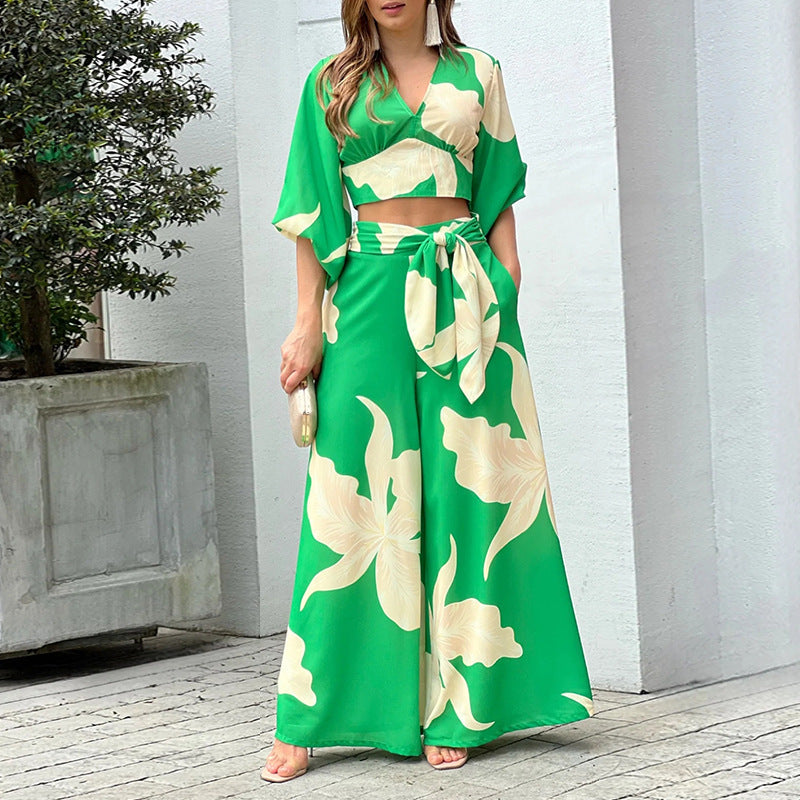 Pants Two-piece set- Crop Top & High Waist Wide-Leg Pants - Two-Piece Set- Green- Pekosa Women Clothing