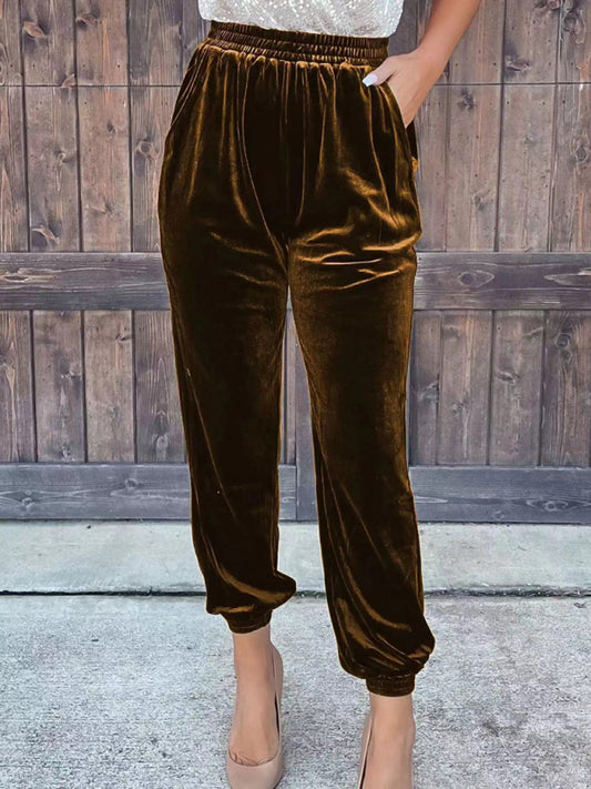 Pants- Velvet Fall Pencil Pants with Convenient Pockets- Dark Brown- Pekosa Women Clothing