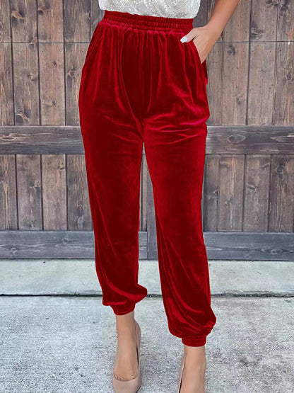 Pants- Velvet Fall Pencil Pants with Convenient Pockets- Red- Pekosa Women Clothing