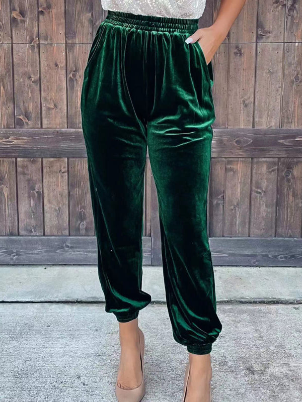 Pants- Velvet Fall Pencil Pants with Convenient Pockets- Green- Pekosa Women Clothing