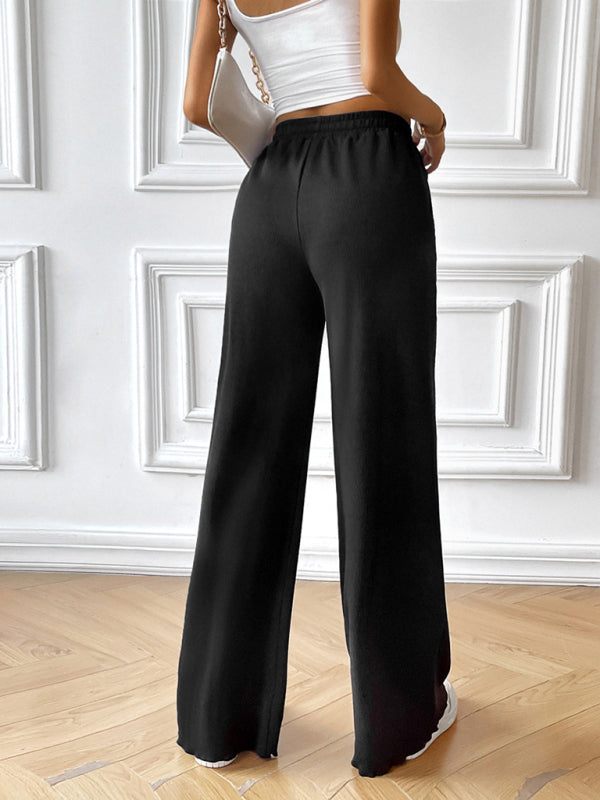 Pants- Wide-Leg Pants with Elastic Waistband | Solid High Waist Trousers- - Pekosa Women Clothing