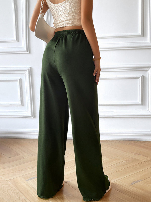 Pants- Wide-Leg Pants with Elastic Waistband | Solid High Waist Trousers- - Pekosa Women Clothing