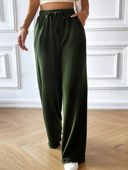 Pants- Wide-Leg Pants with Elastic Waistband | Solid High Waist Trousers- - Pekosa Women Clothing