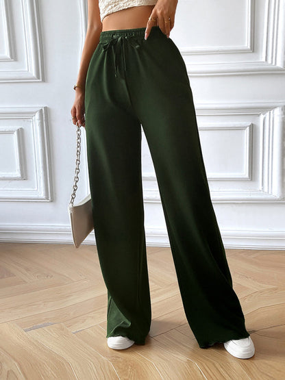 Pants- Wide-Leg Pants with Elastic Waistband | Solid High Waist Trousers- - Pekosa Women Clothing