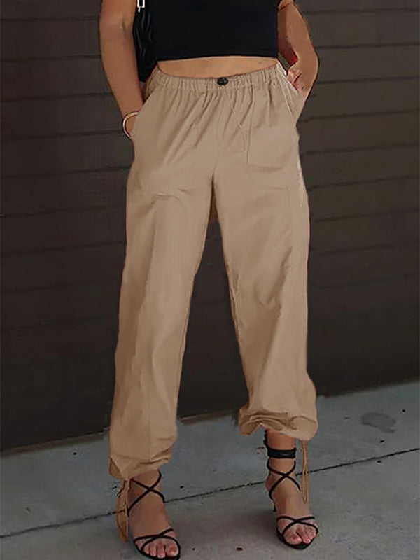 Pants- Women Solid Parachute Trousers Pants- Khaki- Pekosa Women Clothing